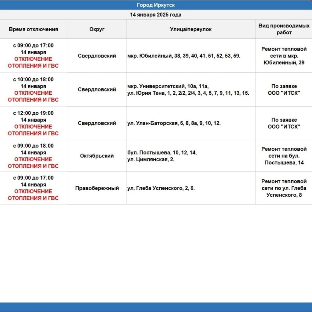 Отопление частично отключат в Иркутске 14 января