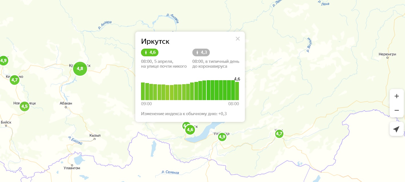 Индекс самоизоляции в Иркутске утром 5 апреля составил 4,6 балла из пяти