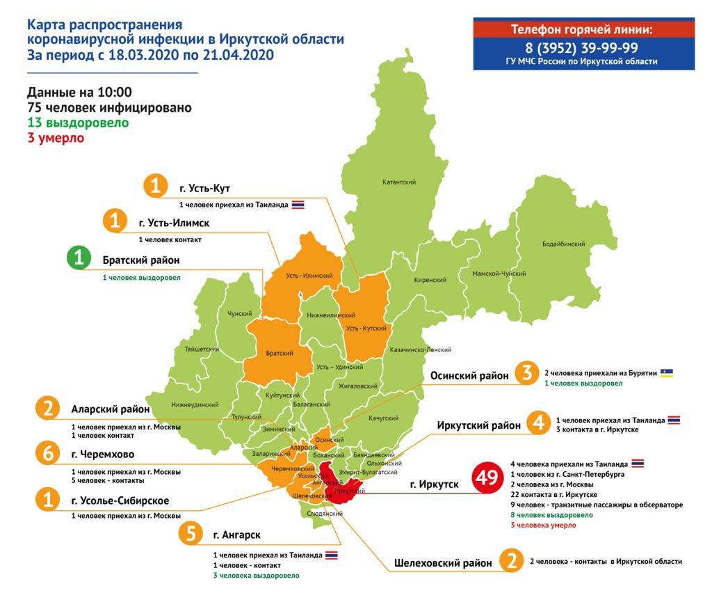Карта распространения коронавируса в Иркутской области на 21 апреля