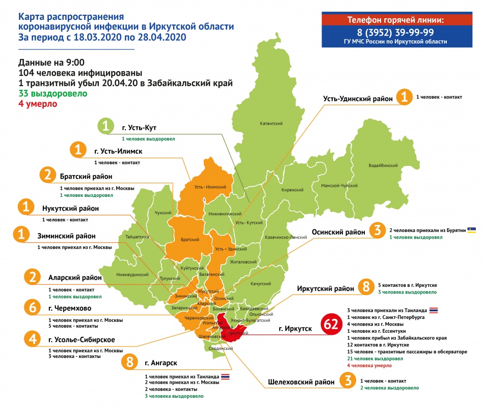 Карта распространения коронавируса в Иркутской области на 28 апреля
