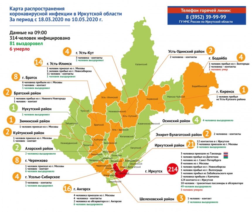 Карта распространения коронавируса в Иркутской области на 10 мая