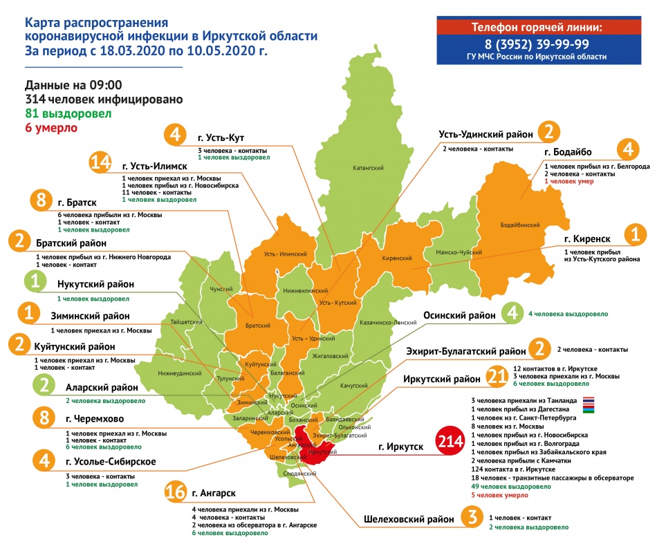 Карта распространения коронавируса в Иркутской области на 10 мая