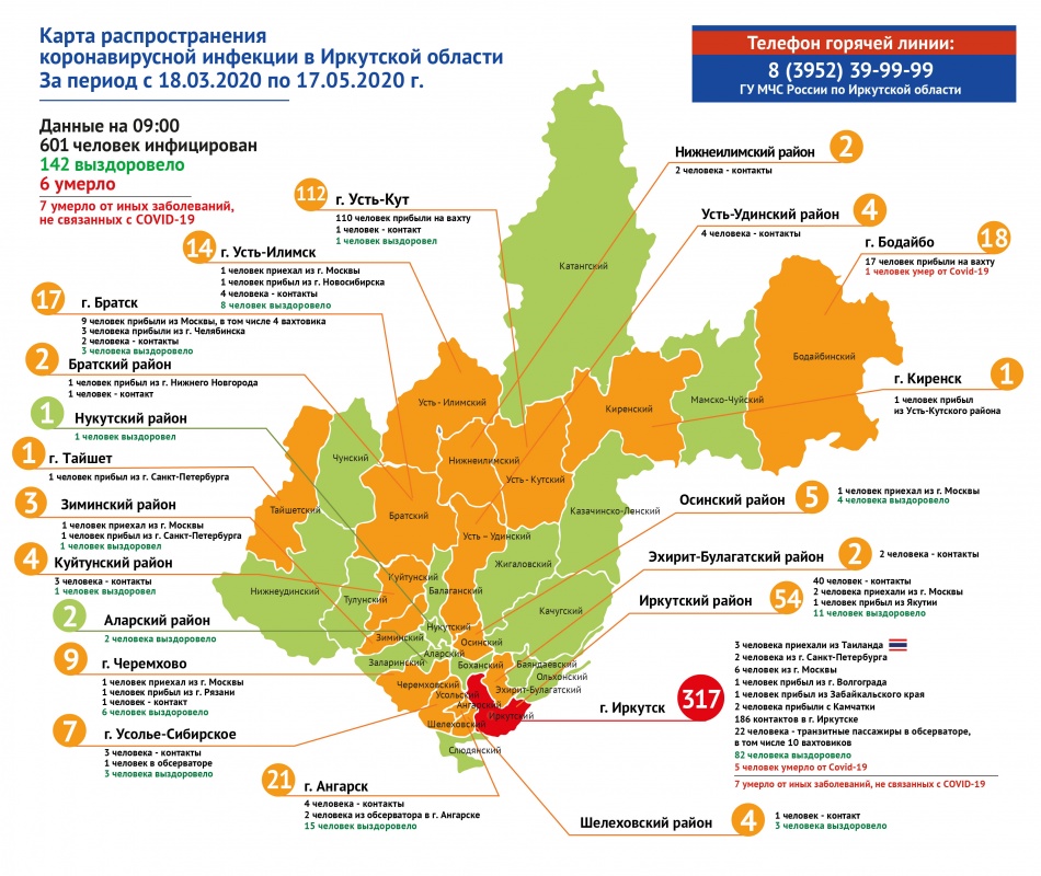 Карта распространения коронавируса в Иркутской области на 17 мая