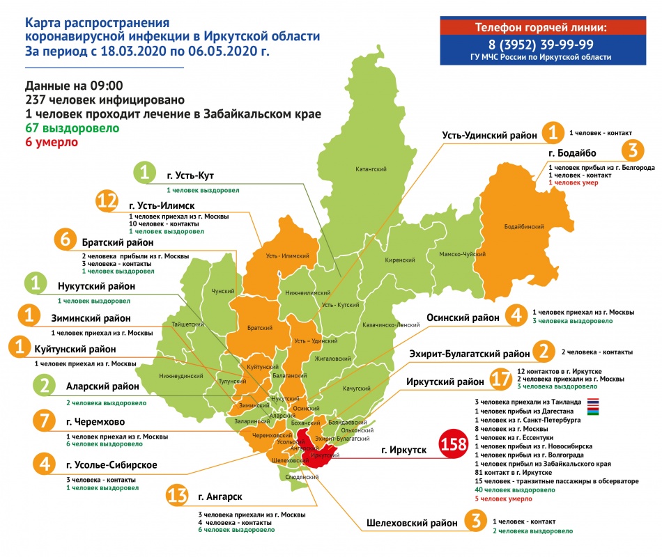 Карта распространения коронавируса в Иркутской области на 6 мая