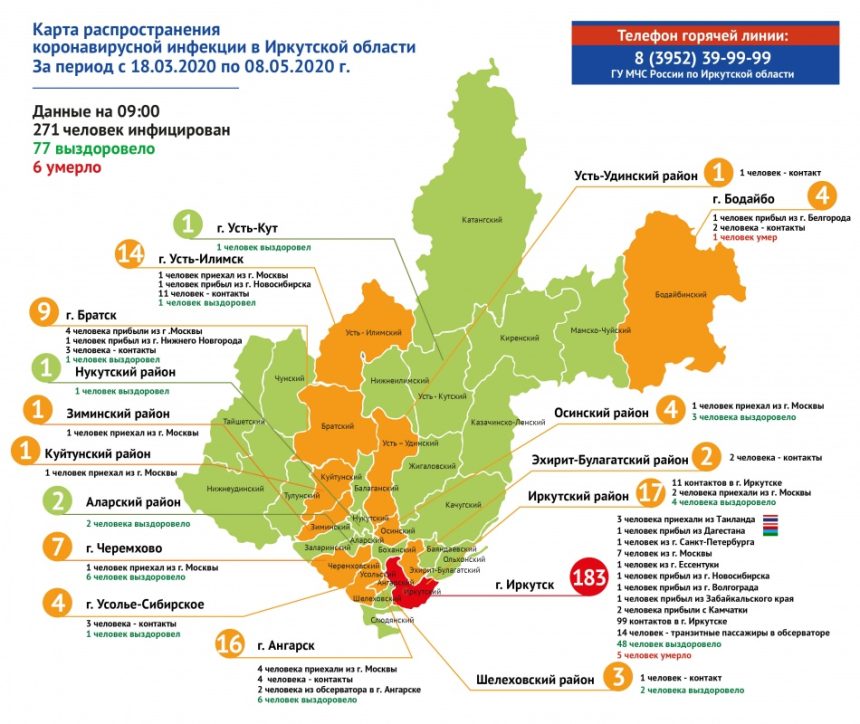 Карта распространения коронавируса в Иркутской области на 8 мая
