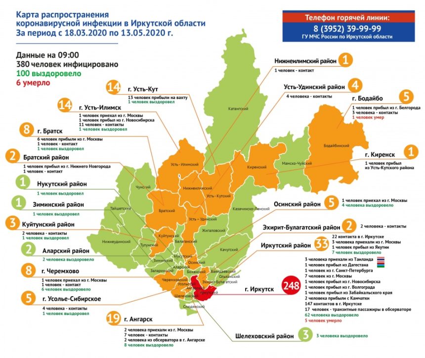 Коронавирус зарегистрирован уже в 20 районах Приангарья