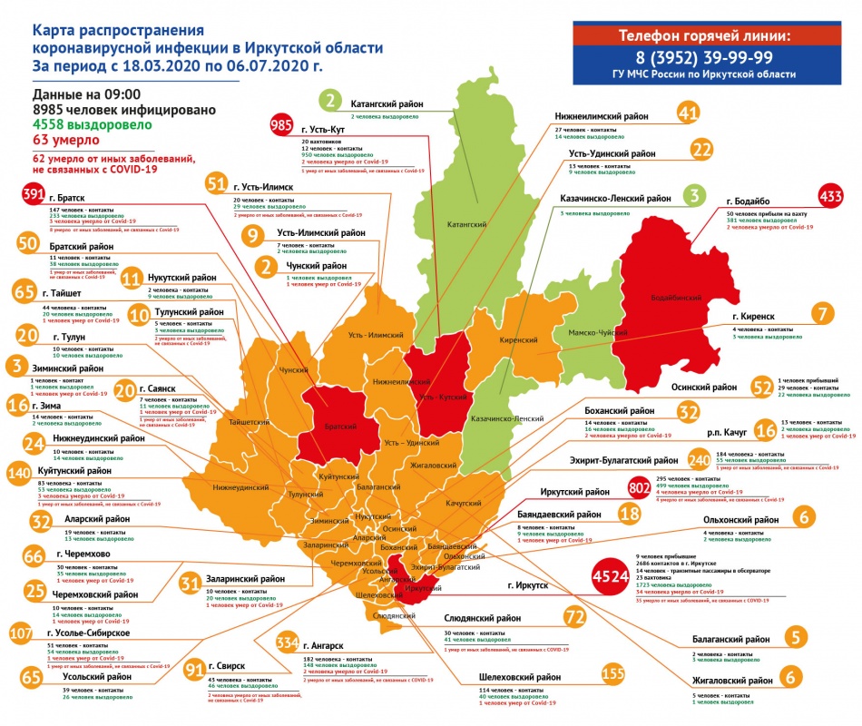 Карта распространения коронавируса в Иркутской области