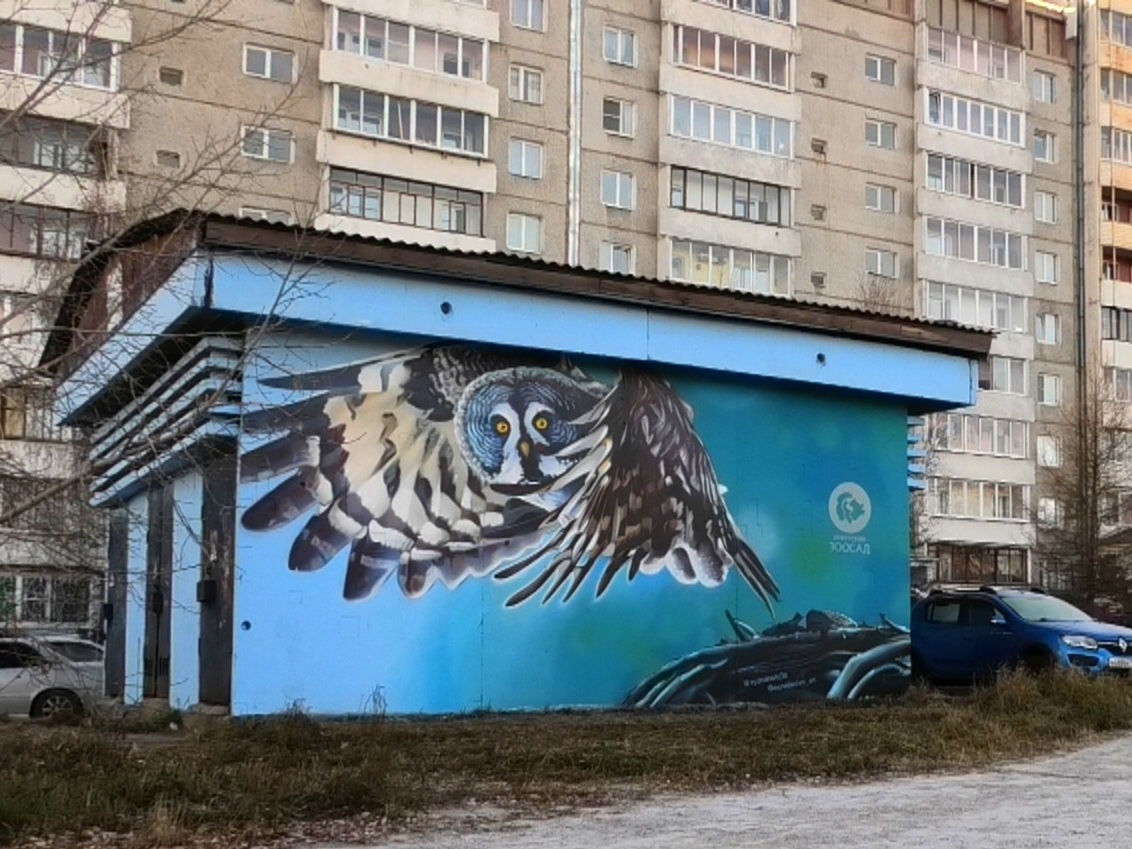 Граффити с птицами украсило трансформаторную подстанцию в Первомайском в Иркутске