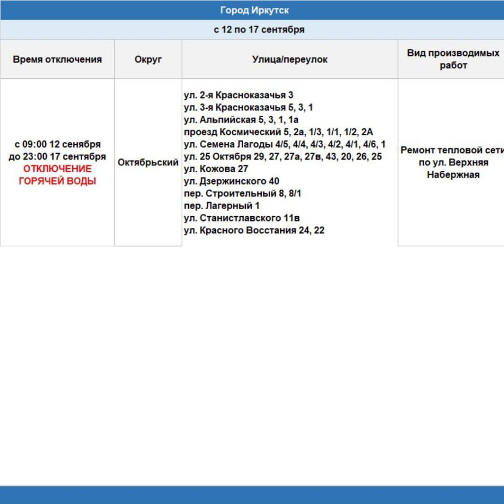 Часть Иркутска останется без горячей воды с 12 по 17 сентября 2024 года