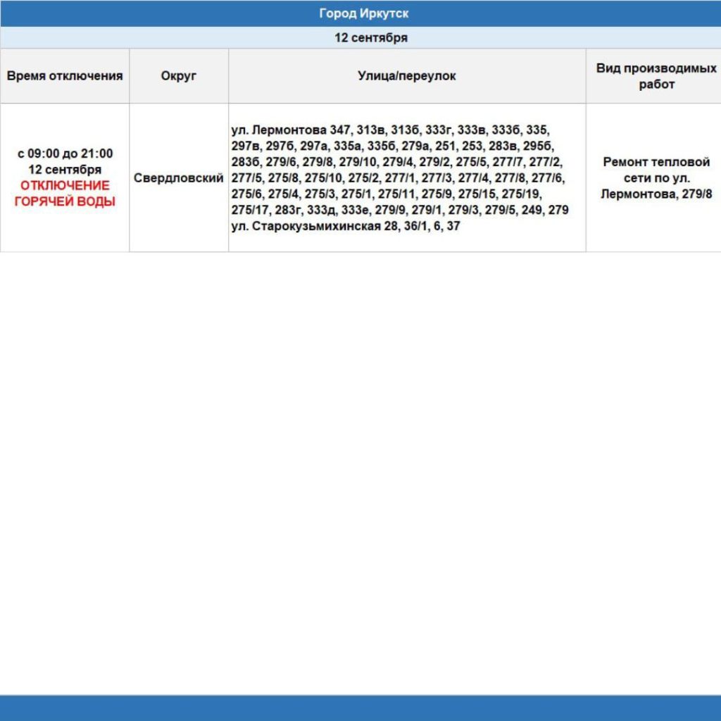 Часть Иркутска останется без горячей воды с 12 по 17 сентября 2024 года