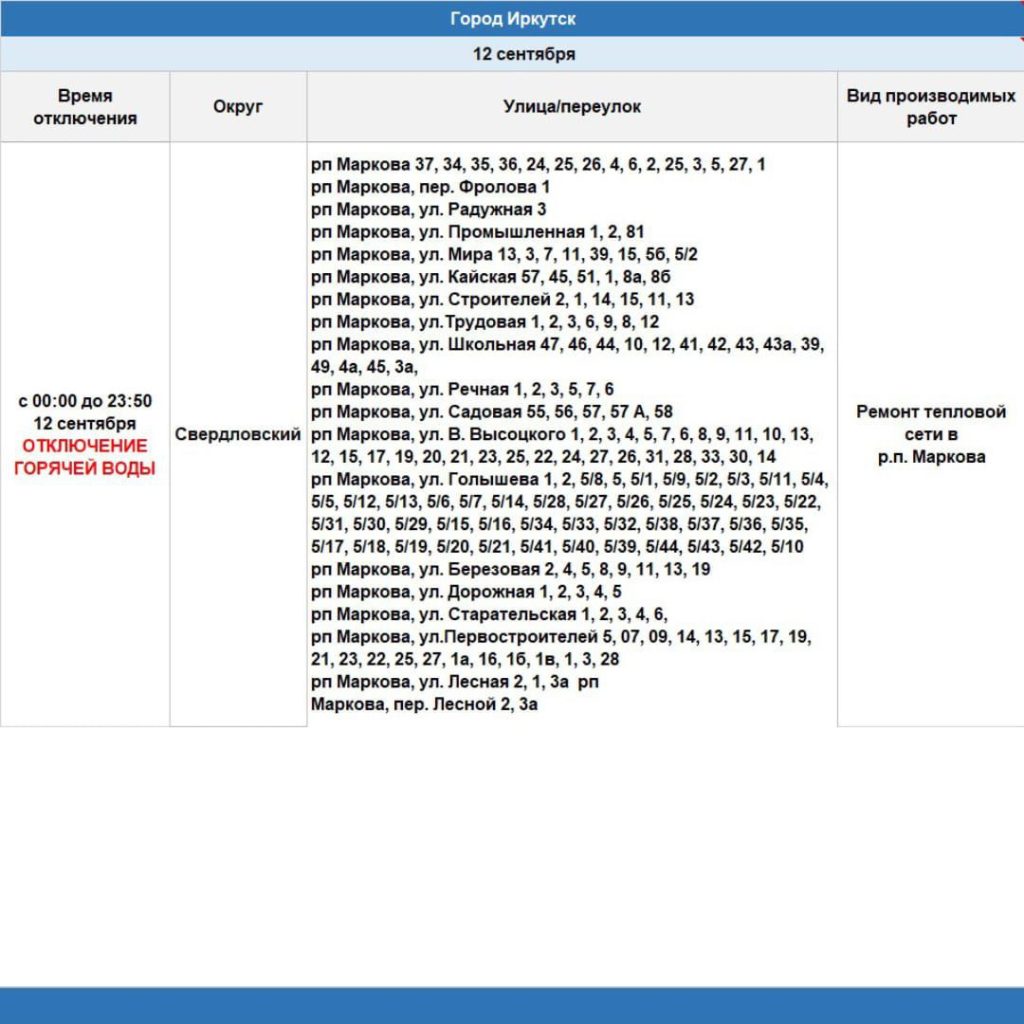 Часть Иркутска останется без горячей воды с 12 по 17 сентября 2024 года
