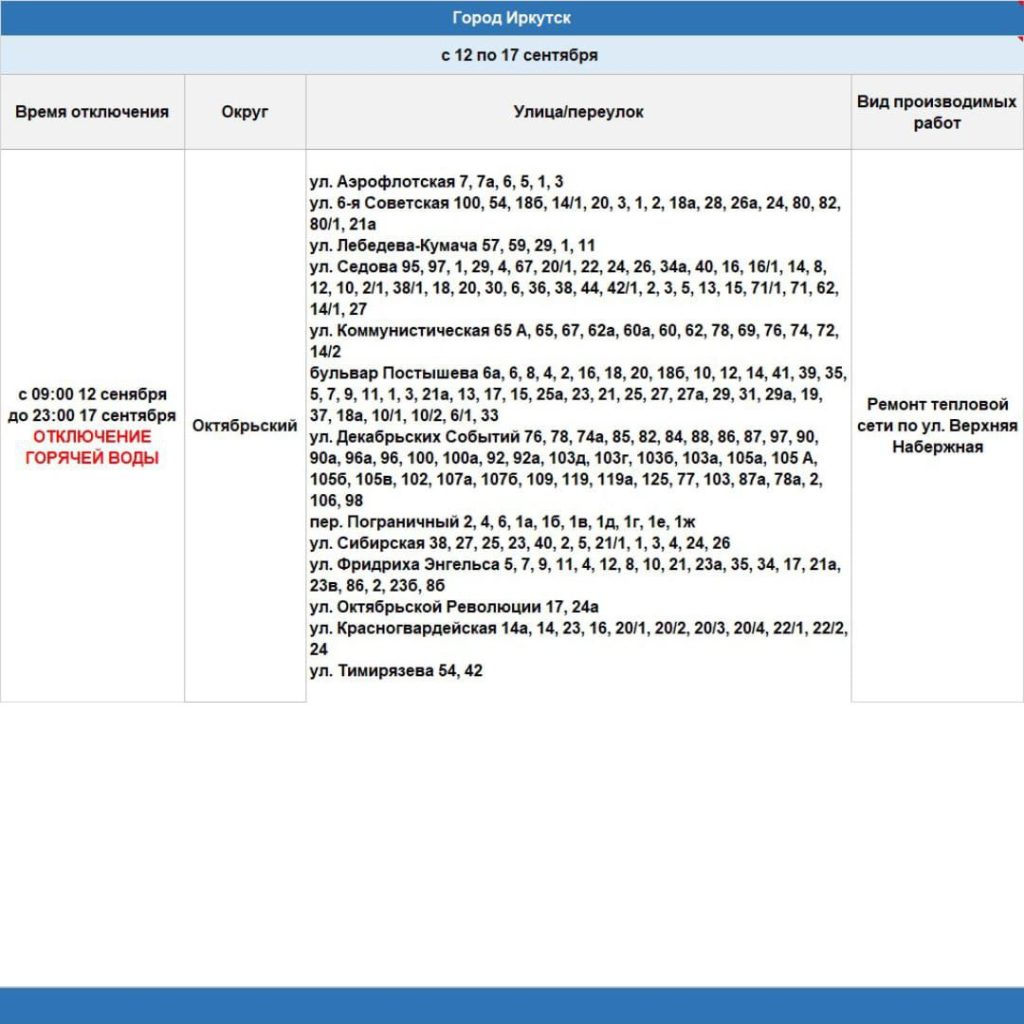 Часть Иркутска останется без горячей воды с 12 по 17 сентября 2024 года