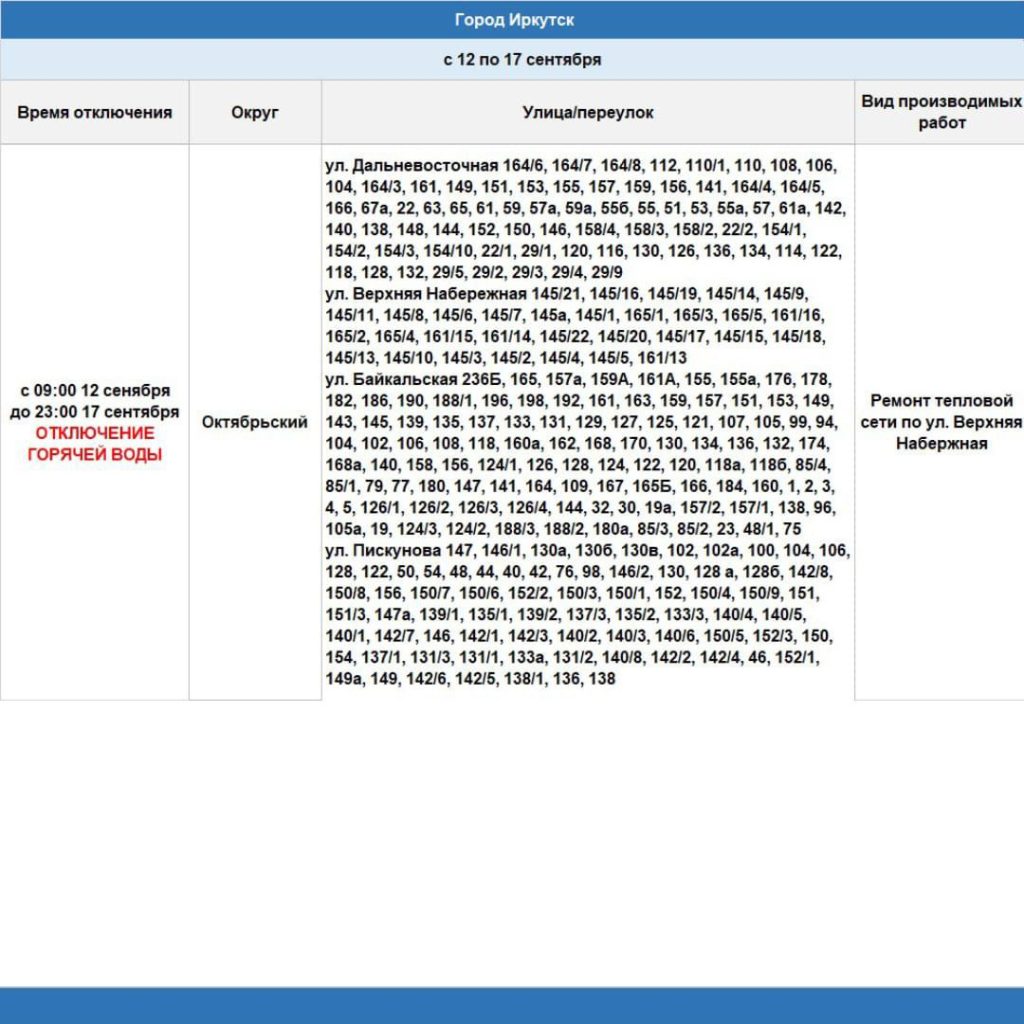 Часть Иркутска останется без горячей воды с 12 по 17 сентября 2024 года