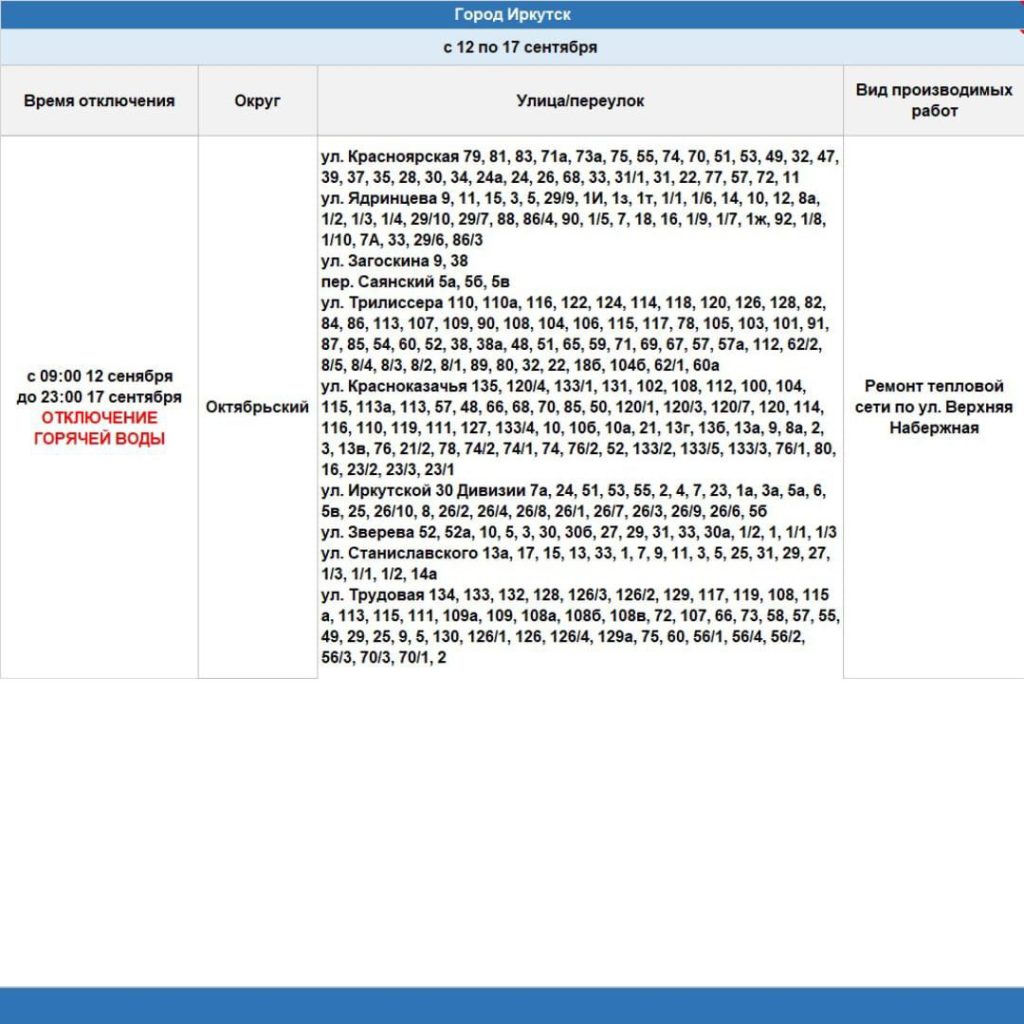 Часть Иркутска останется без горячей воды с 12 по 17 сентября 2024 года