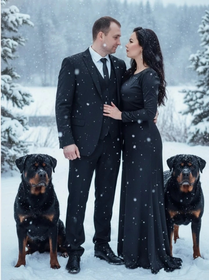 Пара в зимнем лесу с ротвейлерами
