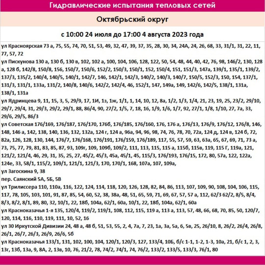 Горячую воду отключат в Октябрьском округе Иркутска с 24 июля на полторы недели