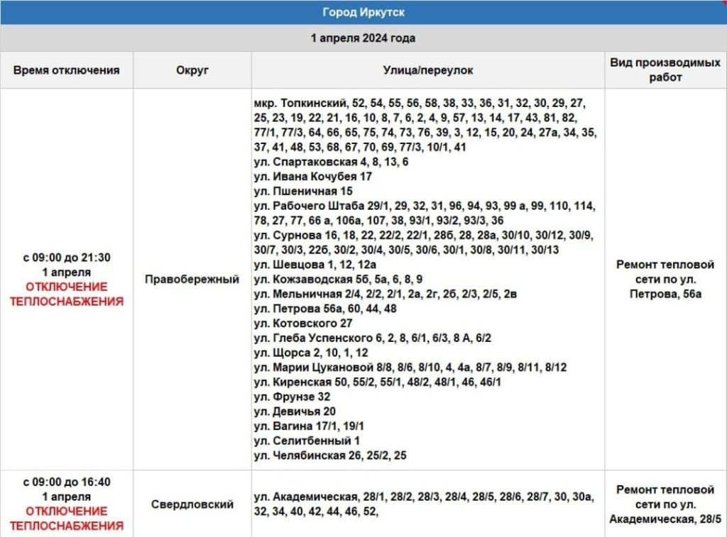 Отопление частично отключат в Иркутске 1 апреля