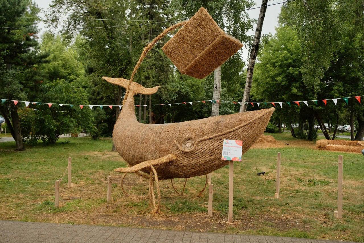 Скульптура кита из соломы в парке