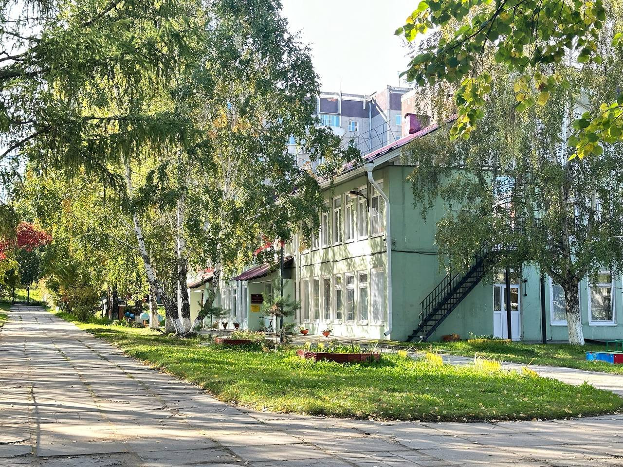 Зелёное здание среди деревьев и дорожка