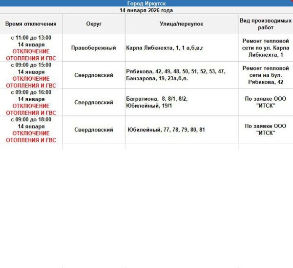 Жители нескольких улиц Иркутска останутся без тепла 14 января