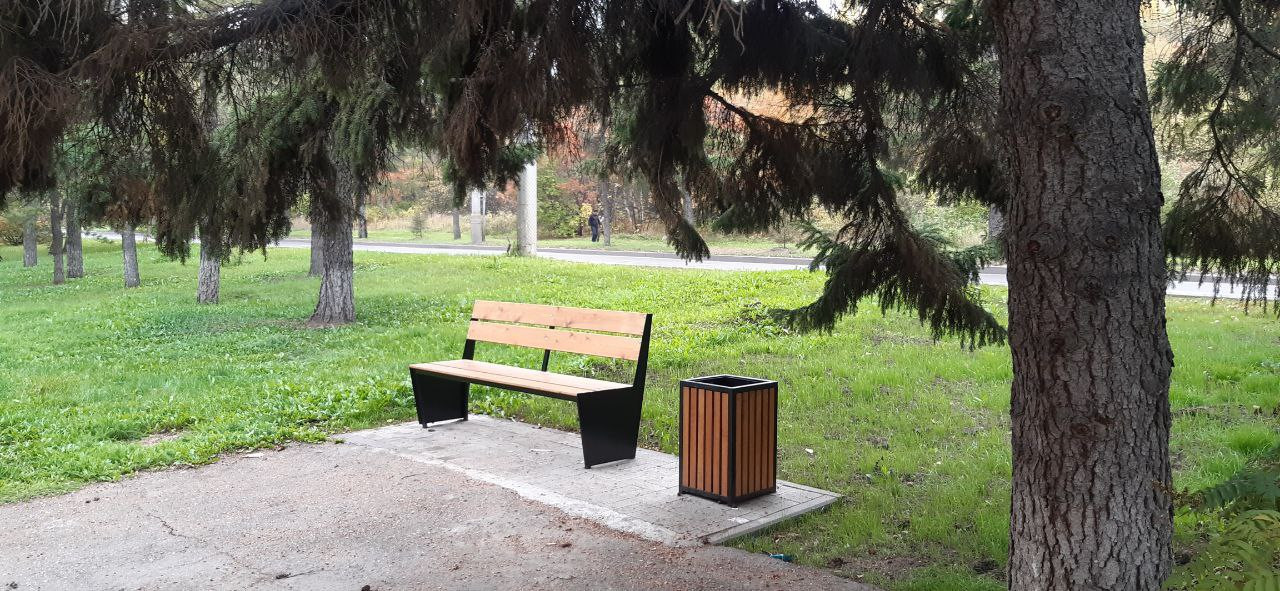 Скамейка и урна в парке среди деревьев.