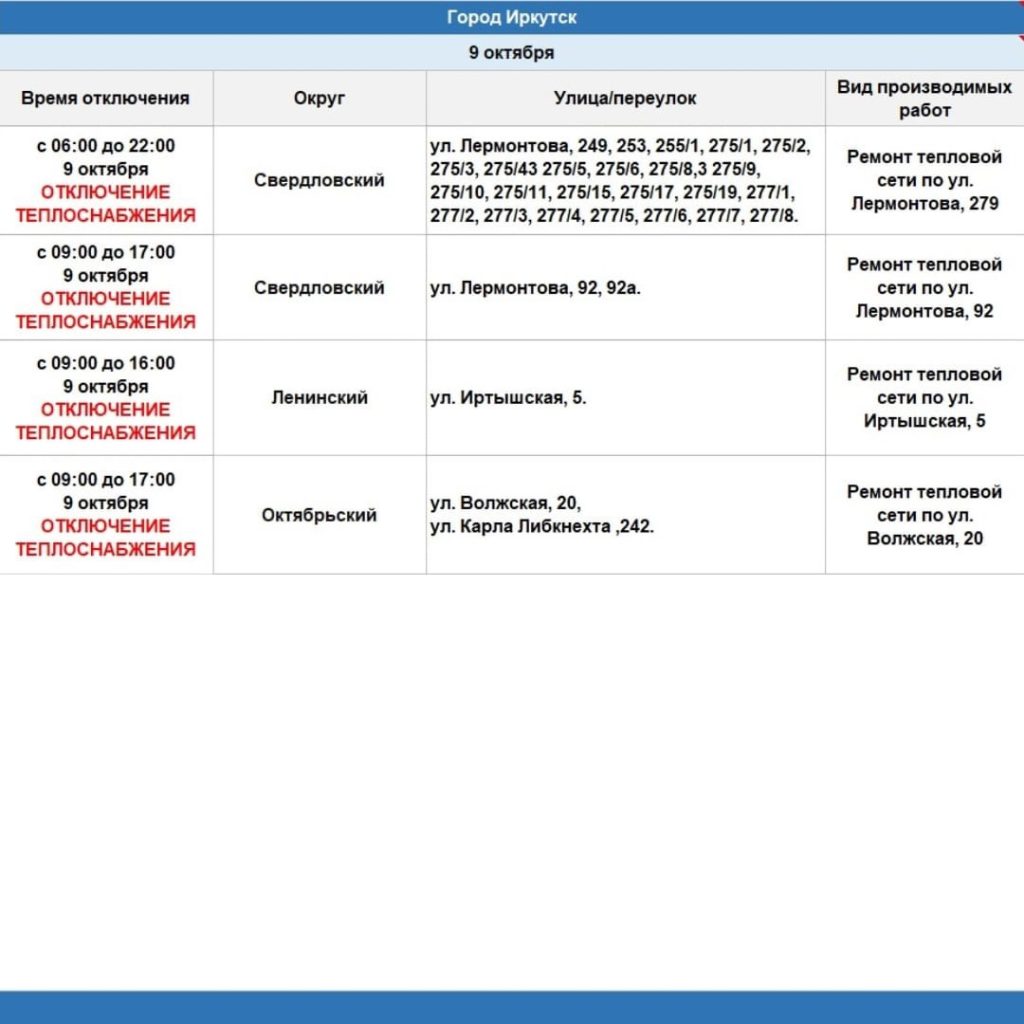 Отопление отключат в трех округах Иркутска 9 октября